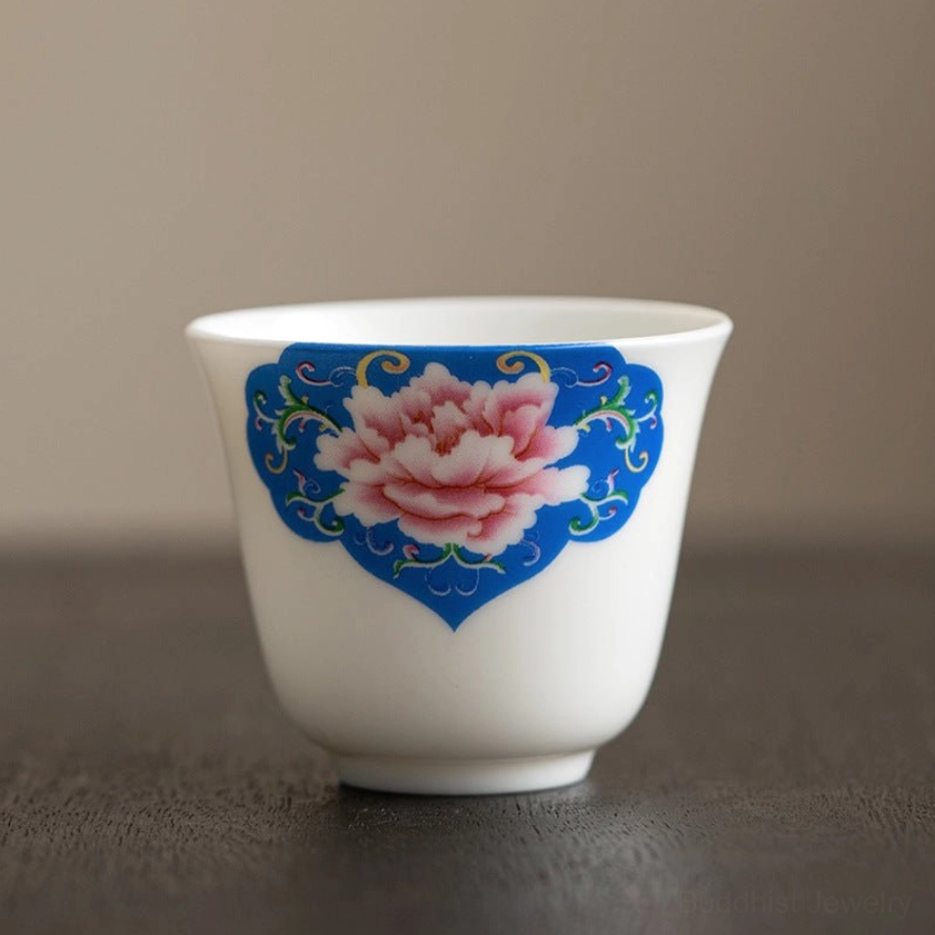 Premium handcrafted Buddhist porcelain tea cup with red peony flower motif, symbol of happiness and auspicious fortune