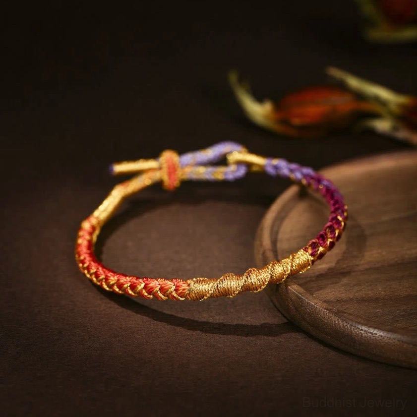 Red purple and gold multi-color Buddhist braided bracelet gradient weave with adjustable sliding knot