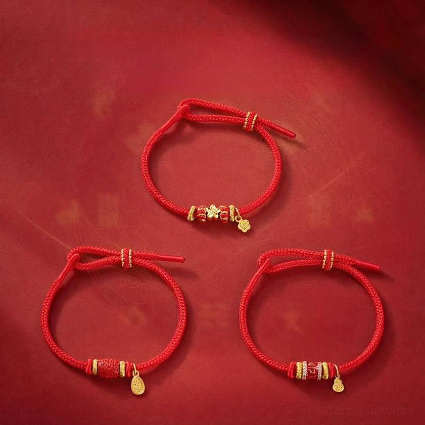 Buddhist red string blessing bracelet with multiple protective charms and natural materials