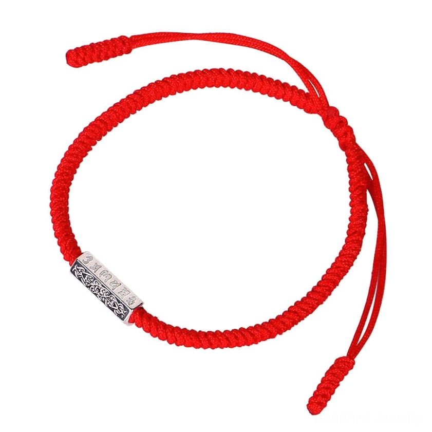 Single red braided Om Mani Padme Hum Buddhist bracelet with engraved silver charm and adjustable tail cord on clean white background