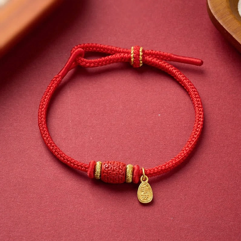 Buddhist red string bracelet with multiple design variations showing different charm options