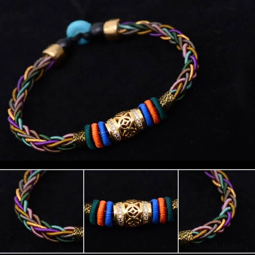 Close-up detail shots of Buddhist red string bracelet showing braided texture, engraved copper coin, and eight sacred knots on dark background
