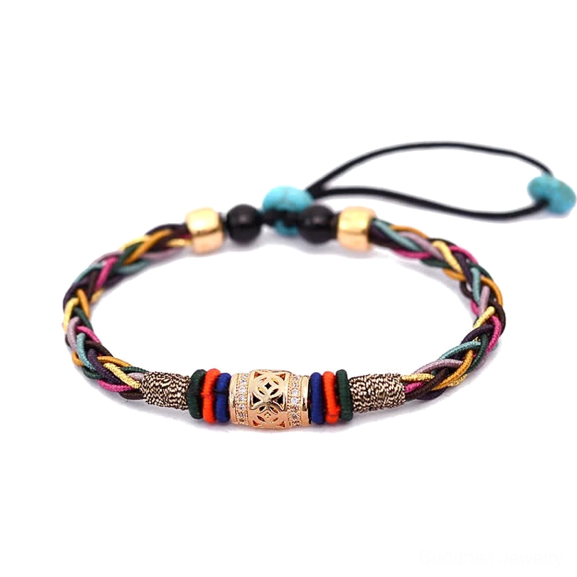 Full front display of handmade Buddhist red string bracelet with copper coin, adjustable pull cord, and colorful braided weave on white background