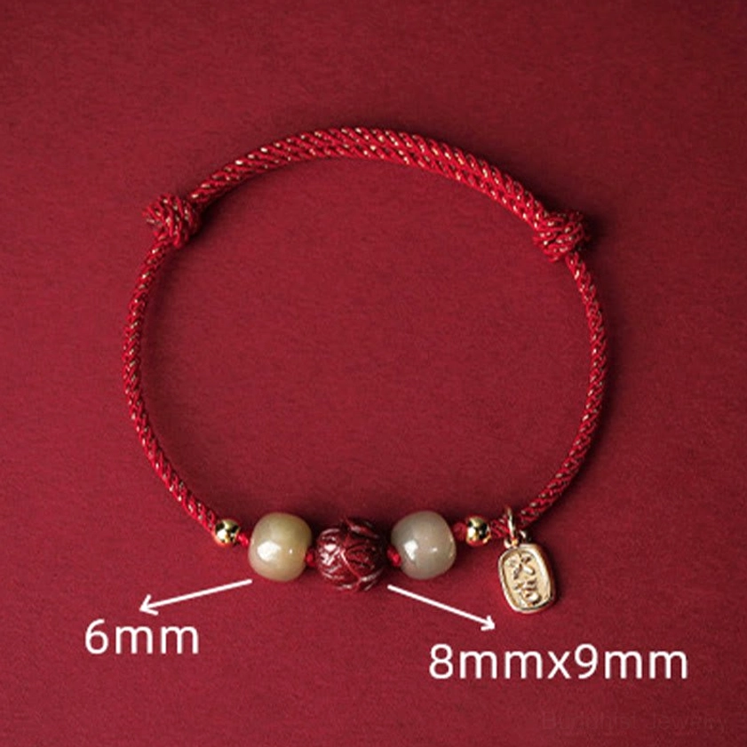 Single red braided Buddhist string bracelet with labeled Hetian jade 6mm and cinnabar lotus 8x9mm bead sizes, protection and prosperity symbol