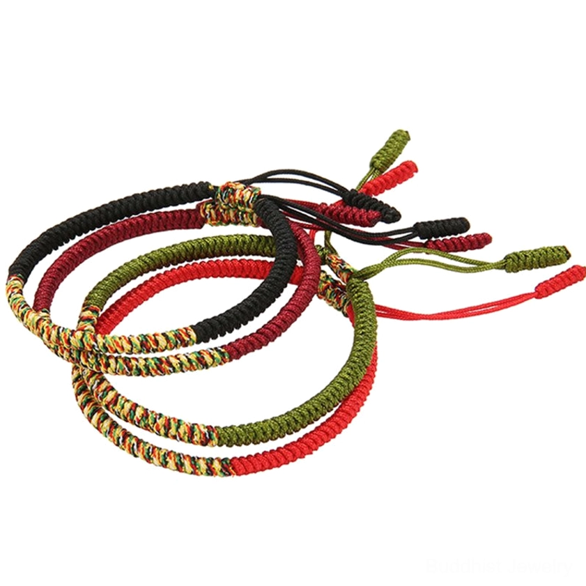 Multicolor Buddhist braided bracelet featuring King Kong Knot amulet with red string symbolizing protection, connection, and good fortune