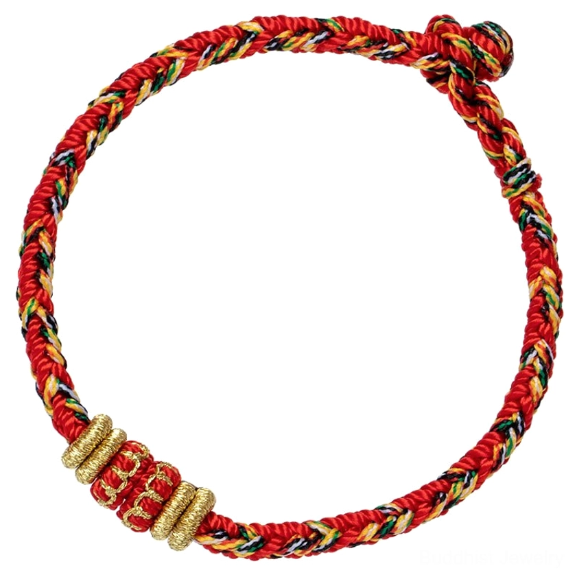 Handmade buddhist red string bracelet for good luck and spiritual protection flat lay