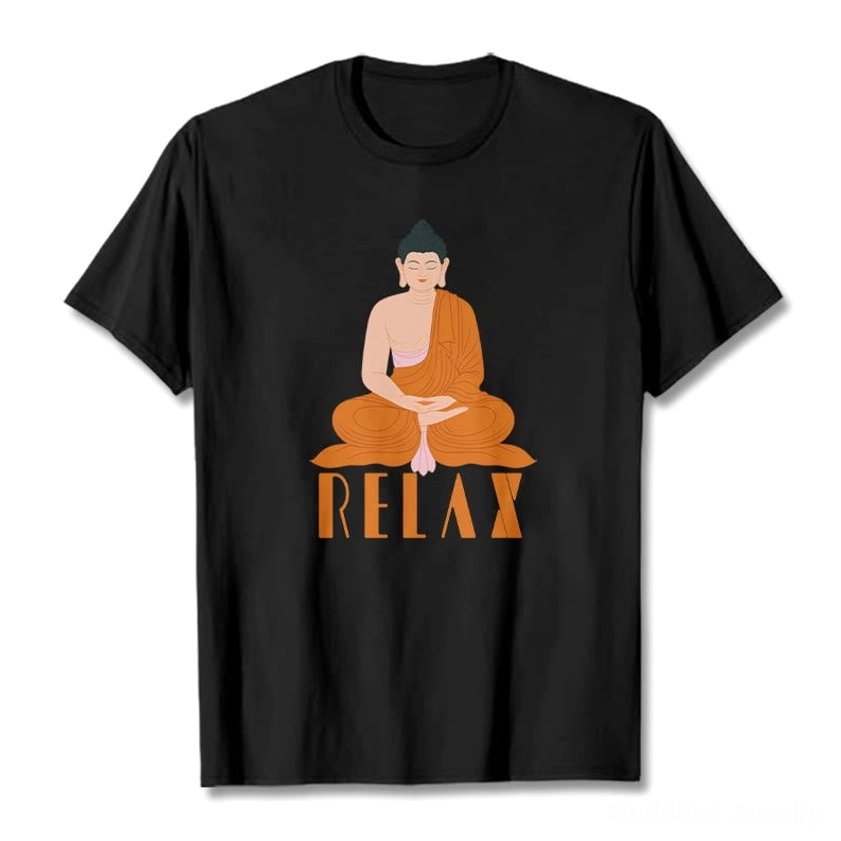 Black Buddhist Relax graphic t-shirt with white Buddha print and RELAX text, flat lay front view
