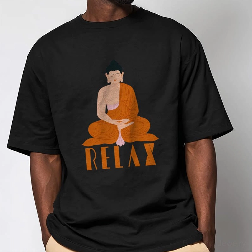 Male model front view wearing deep matte black Buddhist Relax tee with Buddha graphic on neutral studio background