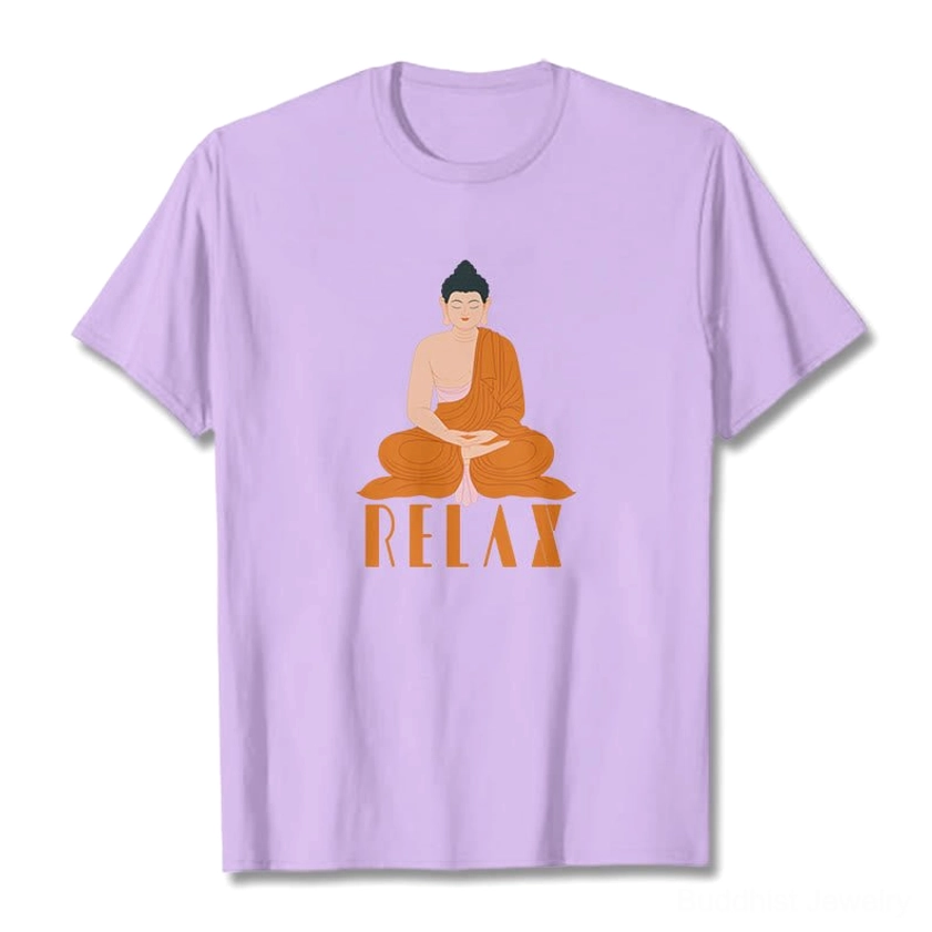 Buddhist Relax graphic t-shirt care instructions and product information label view