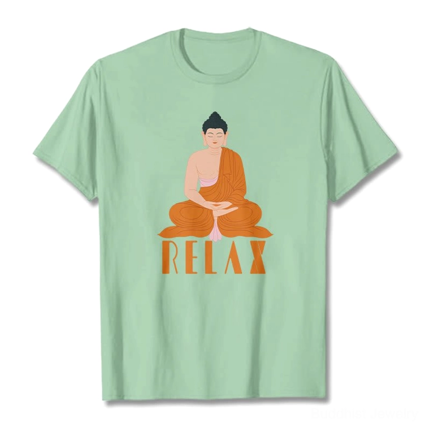 Buddhist Relax graphic t-shirt fabric texture and material quality, close-up of 100% cotton weave