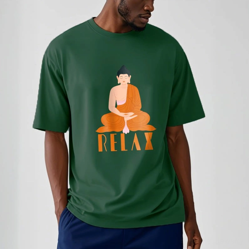 Light cyan Buddhist Relax graphic t-shirt with Buddha print, detailed front view of design and print quality