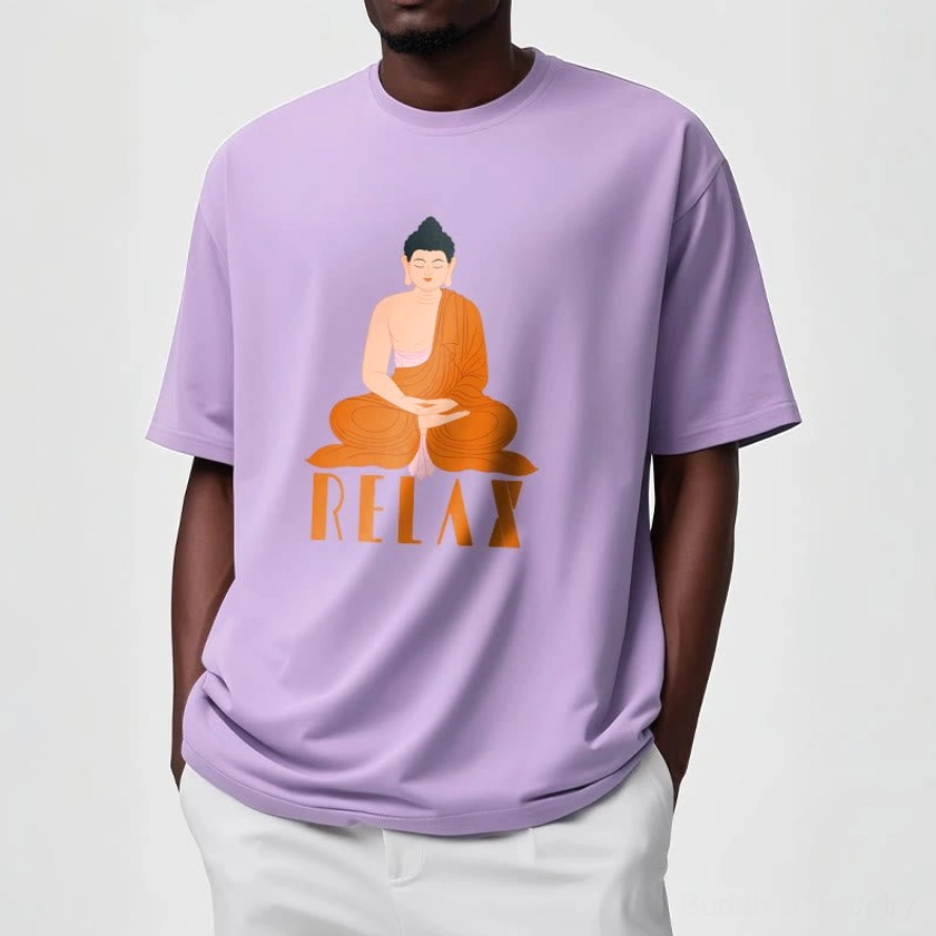 Female model wearing light cyan Buddhist Relax graphic t-shirt with seated Buddha design front view