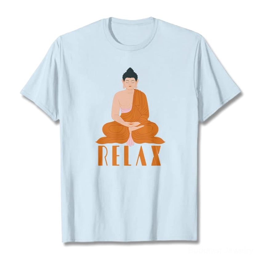 Light cyan Buddhist Relax cotton crew neck t-shirt with Buddha print and RELAX text, flat lay view