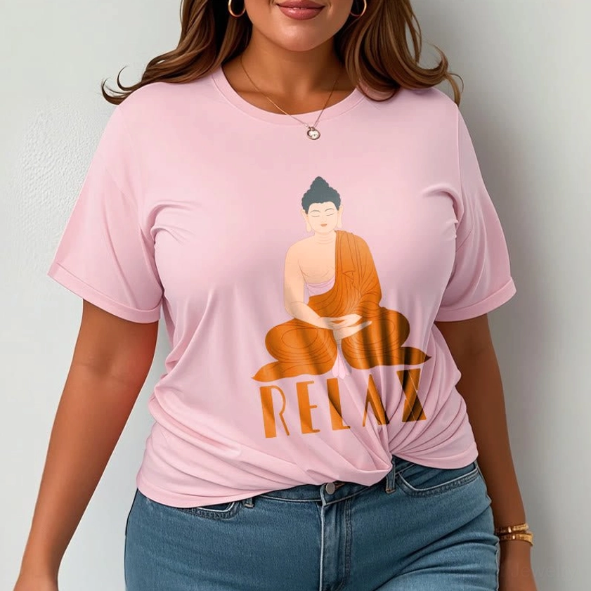 Light cyan Buddhist Relax graphic tee, flat lay front view showing full design on unisex cotton shirt