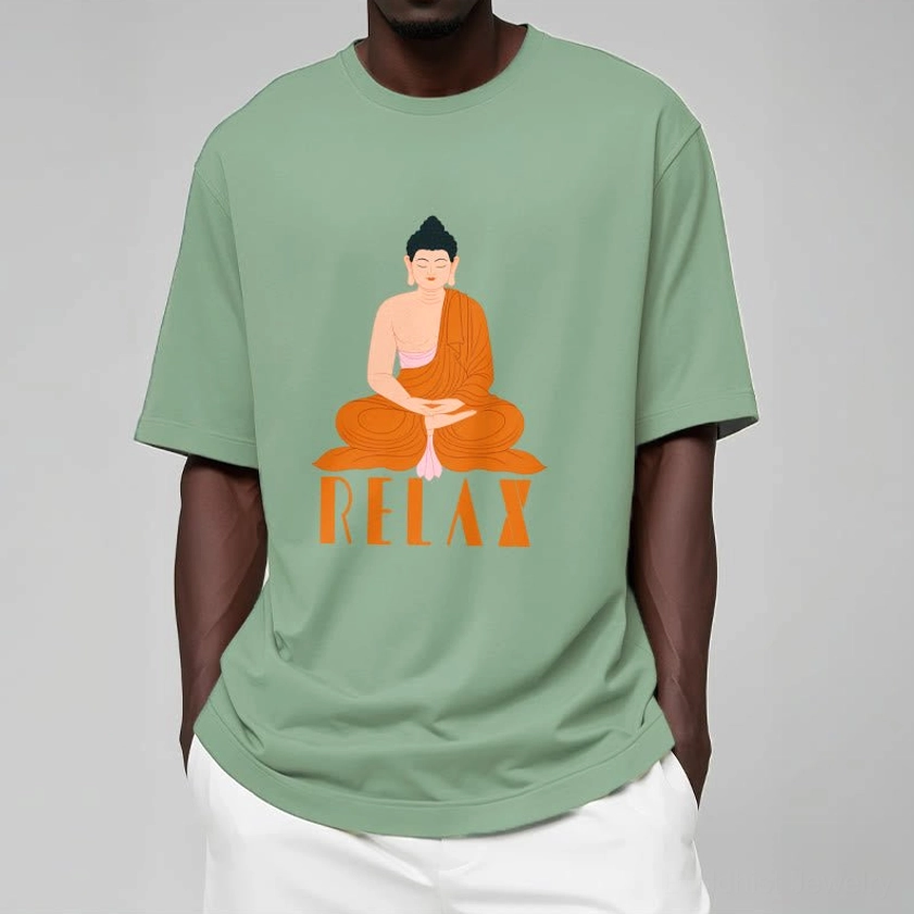 Male model wearing light cyan Buddhist Relax tee with Buddha graphic, front view casual style