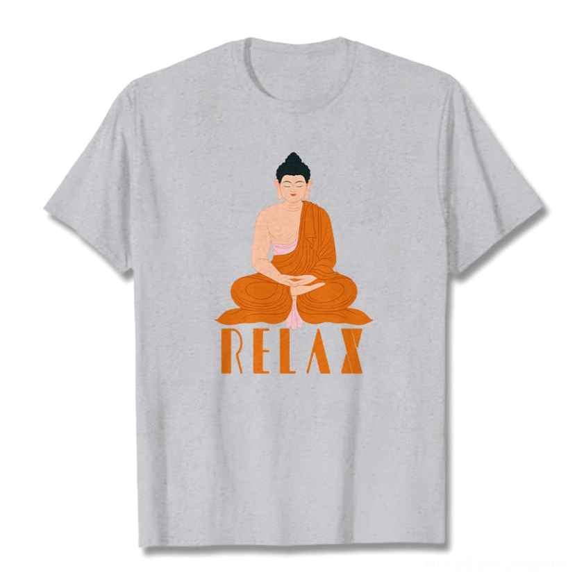 Light grey Buddhist Relax graphic t-shirt with white Buddha print, flat lay front view showing full design