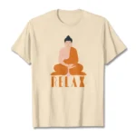 Buddhist Relax graphic tee in light khaki, flat lay front view showing seated Buddha and RELAX text design