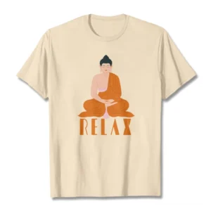 Buddhist Relax graphic tee in light khaki, flat lay front view showing seated Buddha and RELAX text design