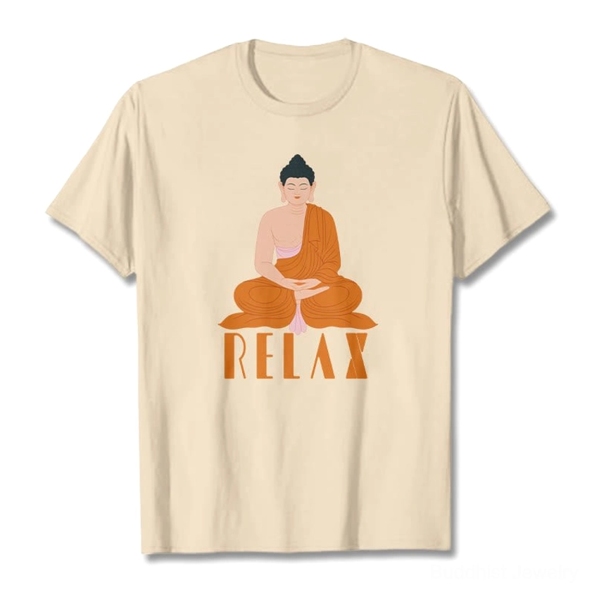 Buddhist Relax graphic tee in light khaki, flat lay front view showing seated Buddha and RELAX text design