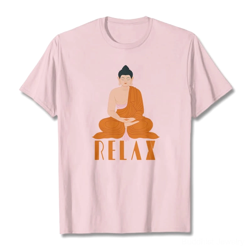 Buddhist Relax cotton crew neck tee, close-up detail of white ink Buddha print and lettering