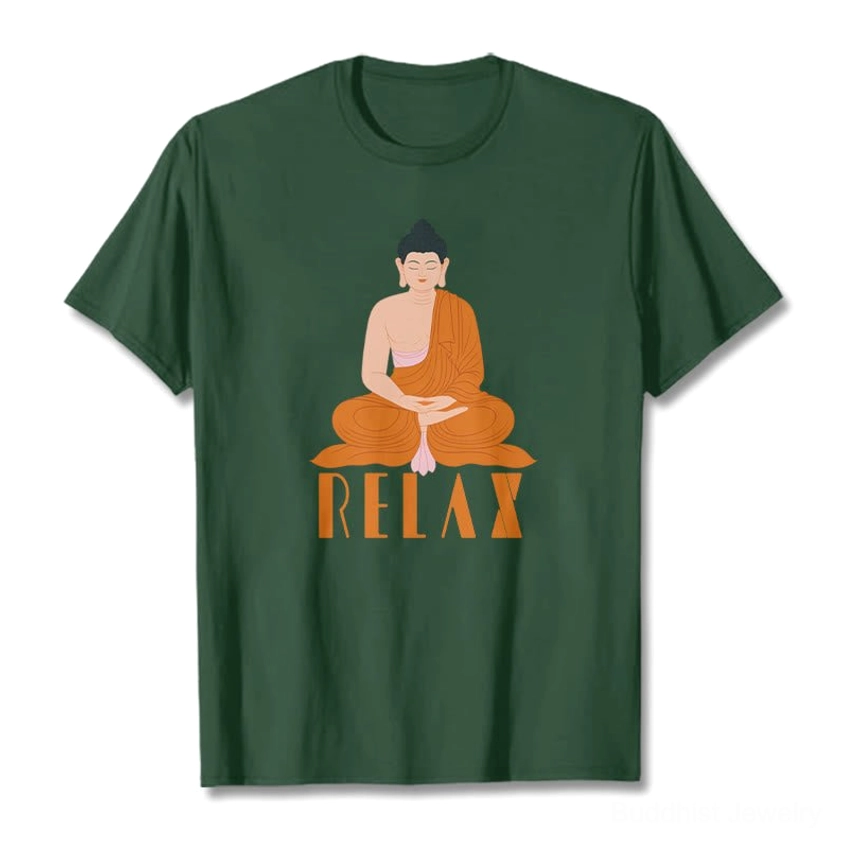 Buddhist Relax graphic t-shirt size and fit comparison, flat lay view showing cotton crew neck tee