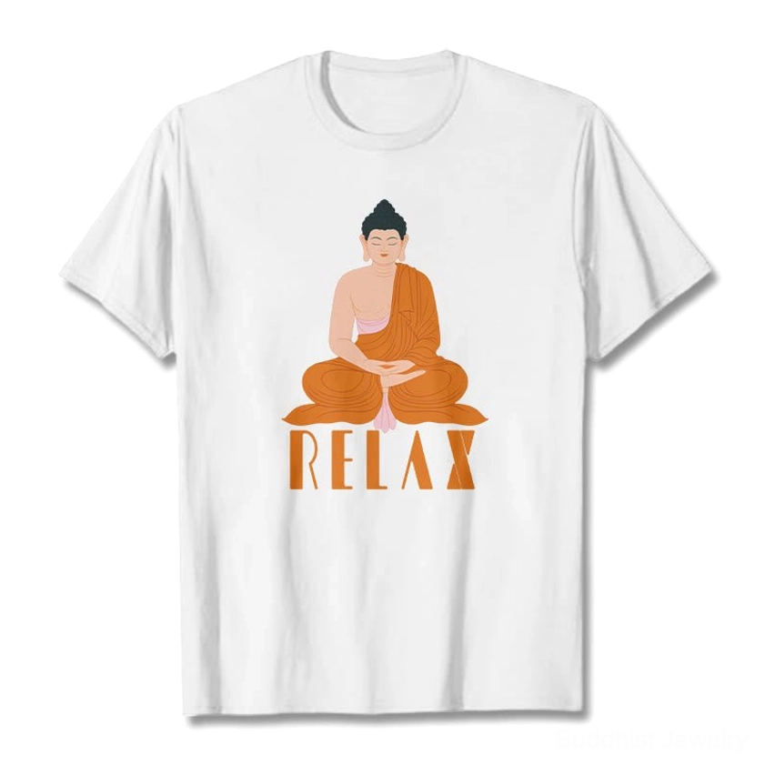 White Buddhist Relax cotton tee with Buddha graphic and RELAX lettering, flat lay front view
