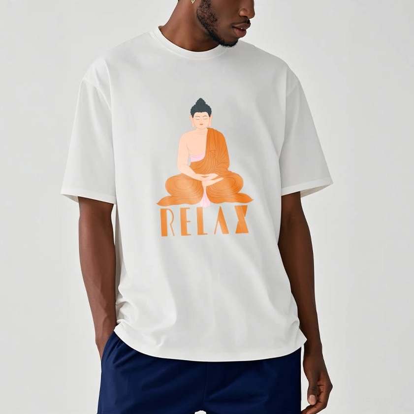 Male model side-front view wearing white Buddhist Relax graphic t-shirt with Buddha artwork on studio background
