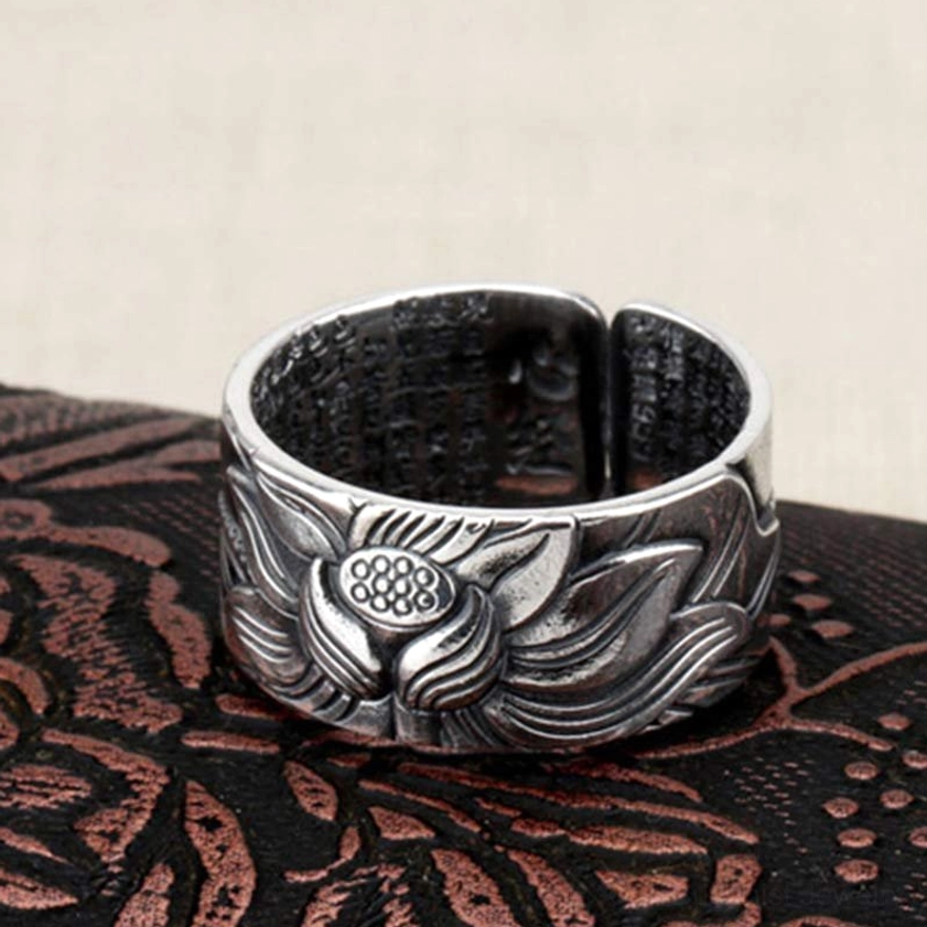 Wide Band Lotus Heart Sutra Ring – Sterling Silver with Full Sacred Sutra Text Engraved Inside
