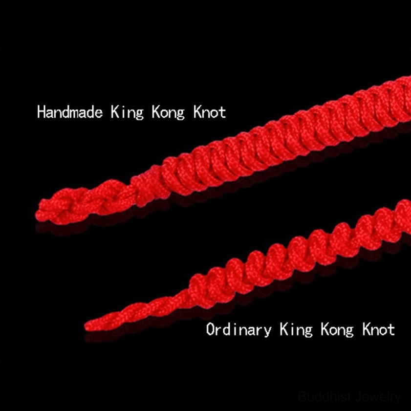 Buddhist King Kong Knot woven rope bracelets showing two braiding styles and traditional knitting technique on black background