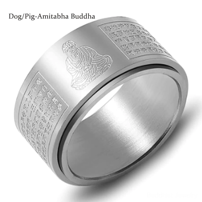 Buddhist rotating ring with sutra text and zodiac natal buddha symbol