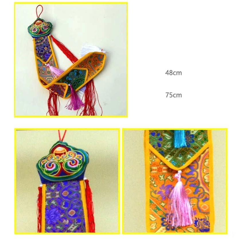 Buddhist sacred geometry wall hanging with embroidered symbols and multi-color silk tassels