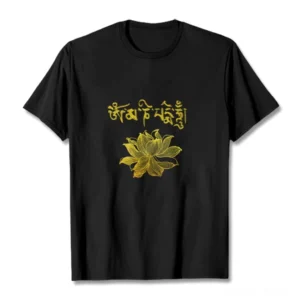 Golden Sanskrit lotus flower graphic t-shirt flat lay front view on white background - black cotton Buddhist spiritual tee