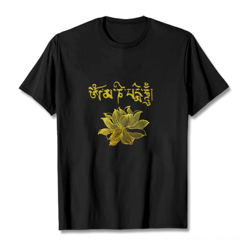 Golden Sanskrit lotus flower graphic t-shirt flat lay front view on white background - black cotton Buddhist spiritual tee