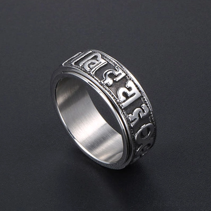 Buddhist Sanskrit mantra ring with polished finish and precision-etched engravings