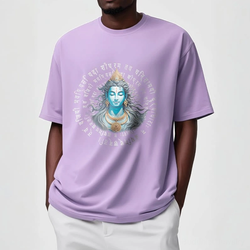 Buddhist Sanskrit mantra tee size comparison and color variations - all available colors displayed