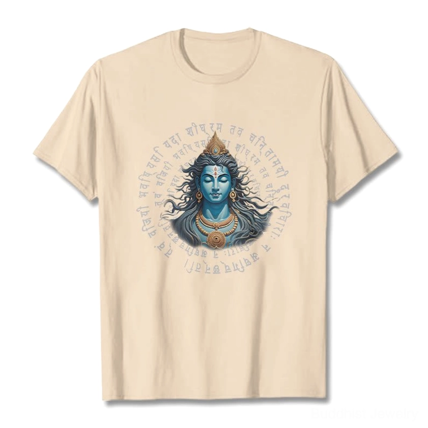 Khaki Buddhist Sanskrit wisdom t-shirt flat lay - Hindu deity print with circular sacred text on natural cotton