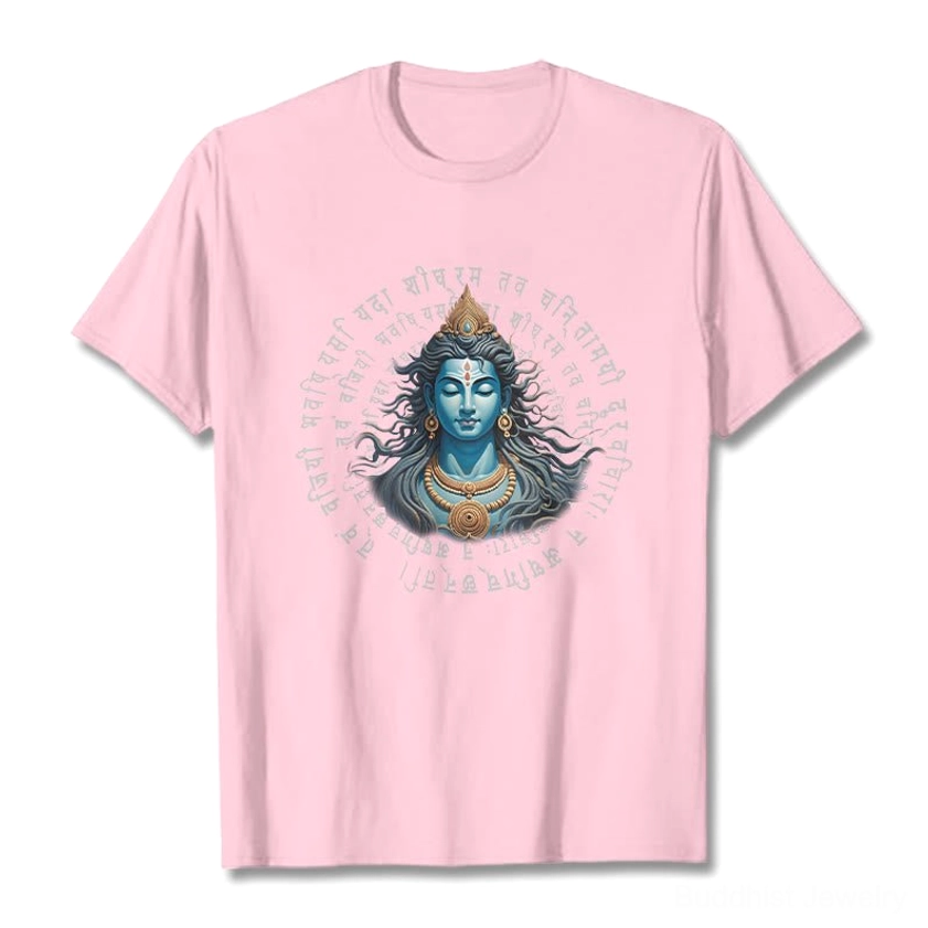 Female model in light cyan Buddhist Sanskrit t-shirt - front view demonstrating unisex fit and spiritual design