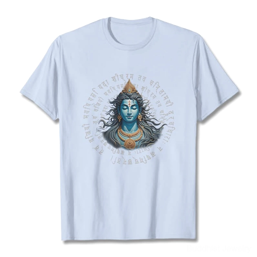 Light cyan Buddhist Sanskrit t-shirt product photography - full view showing print quality and cotton fabric
