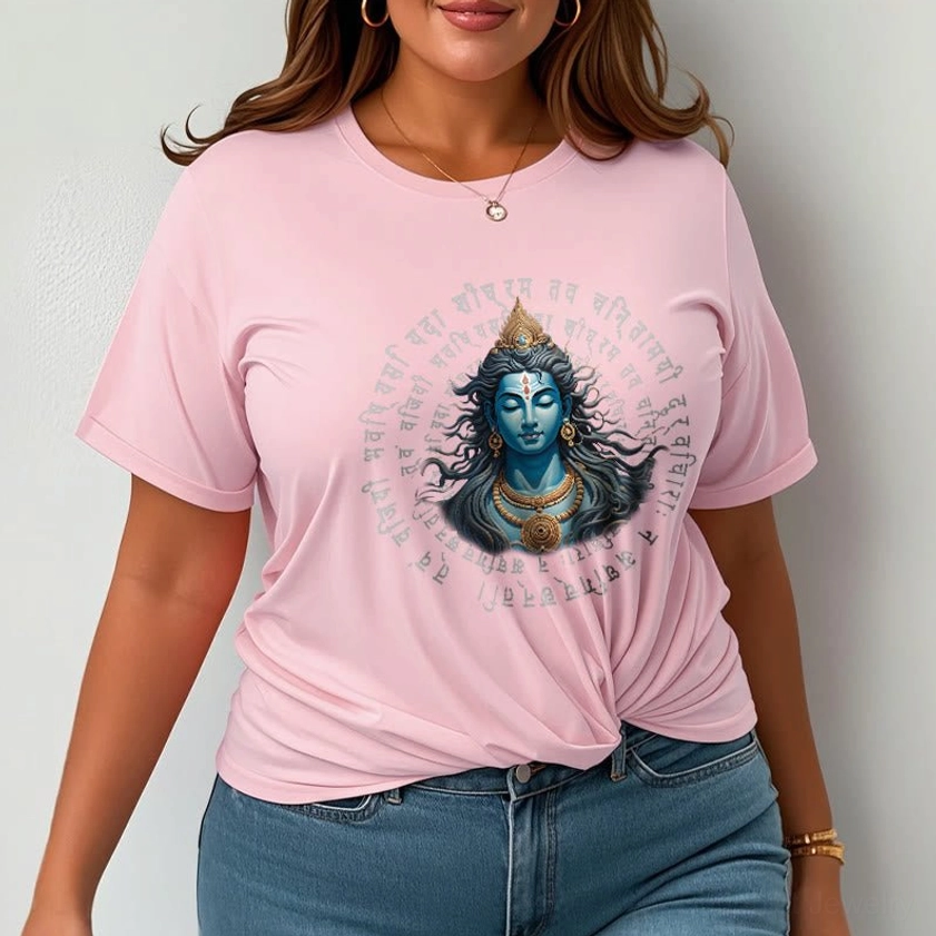Light grey Buddhist Sanskrit wisdom tee flat lay - sacred text and deity print on soft cotton fabric