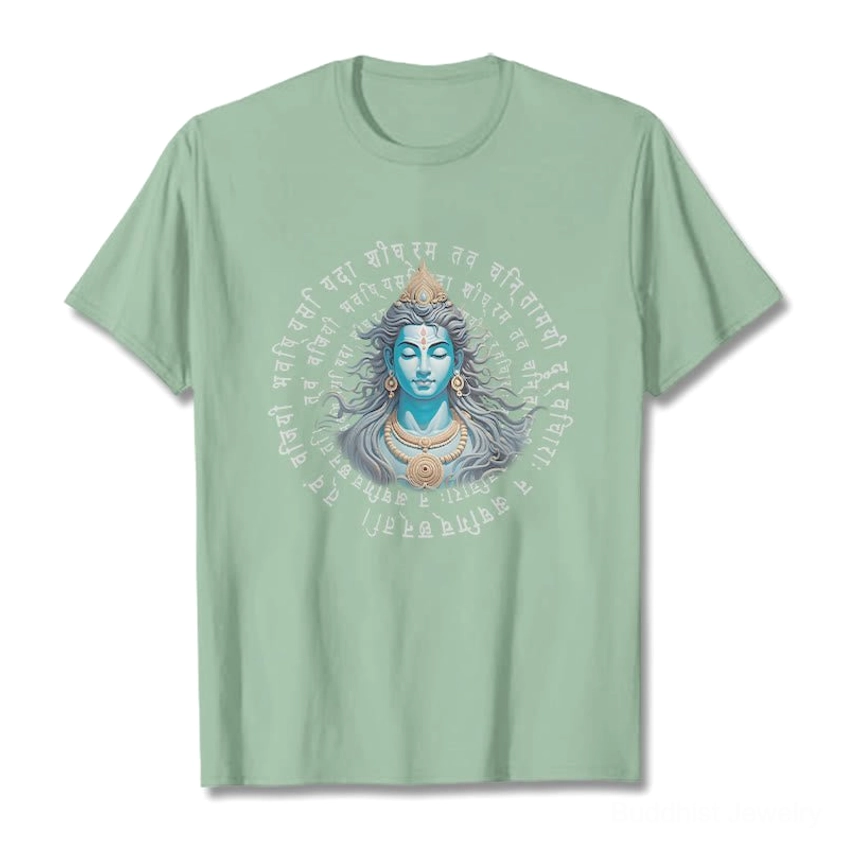 Male model wearing light grey Buddhist mantra t-shirt - showing quality print and everyday casual wear style