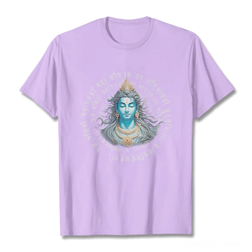 Light grey Buddhist wisdom t-shirt on female model - alternative styling shot showing print detail and fabric texture