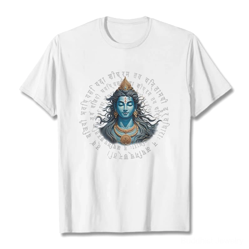 White cotton Buddhist Sanskrit wisdom tee flat lay - Hindu deity with circular Sanskrit mantra design