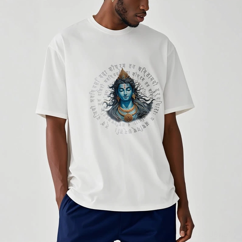 Male model in white Buddhist mantra t-shirt and dark blue pants - brick wall background showing spiritual print