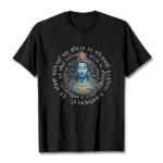 Buddhist Sanskrit wisdom tee flat lay - black cotton t-shirt with Hindu deity and circular Sanskrit text print