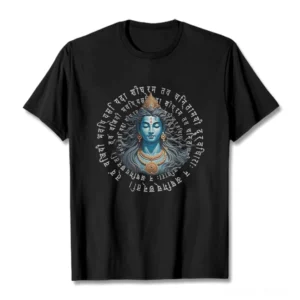 Buddhist Sanskrit wisdom tee flat lay - black cotton t-shirt with Hindu deity and circular Sanskrit text print