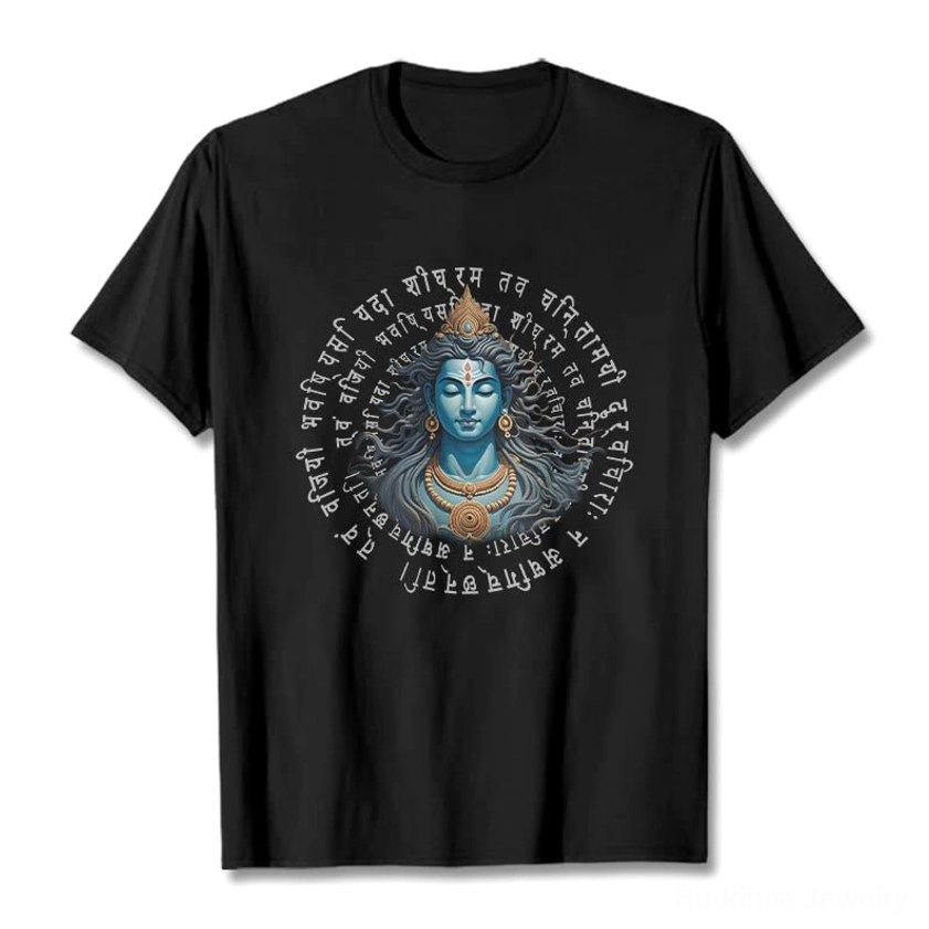 Buddhist Sanskrit wisdom tee flat lay - black cotton t-shirt with Hindu deity and circular Sanskrit text print