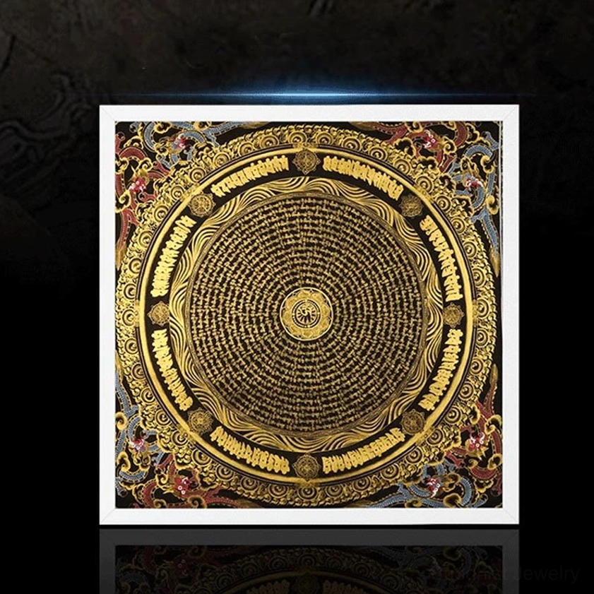 Buddhist scripture mandala thangka with gold patterns and colored decorative border - hand-painted spiritual art