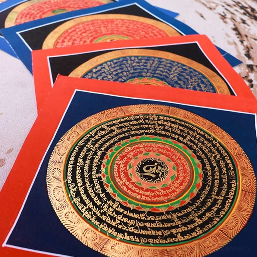 Buddhist scripture mandala thangka with concentric gold and red mantra rings on black background and traditional border