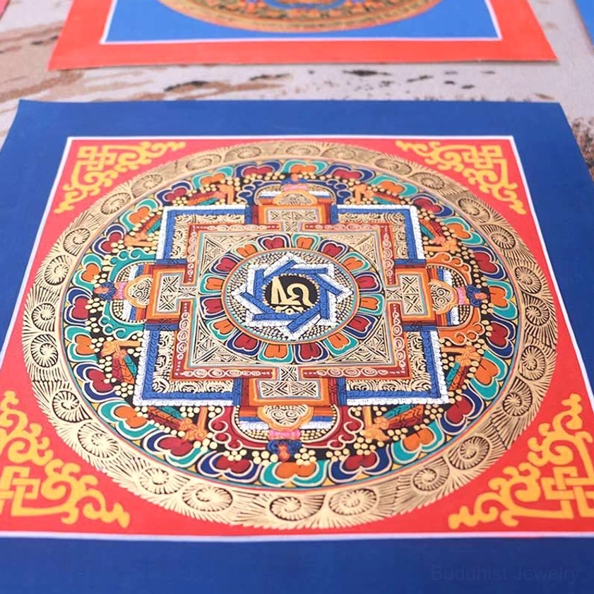 Buddhist scripture thangka with traditional Tibetan Buddhist mantras and sacred text borders for spiritual practice