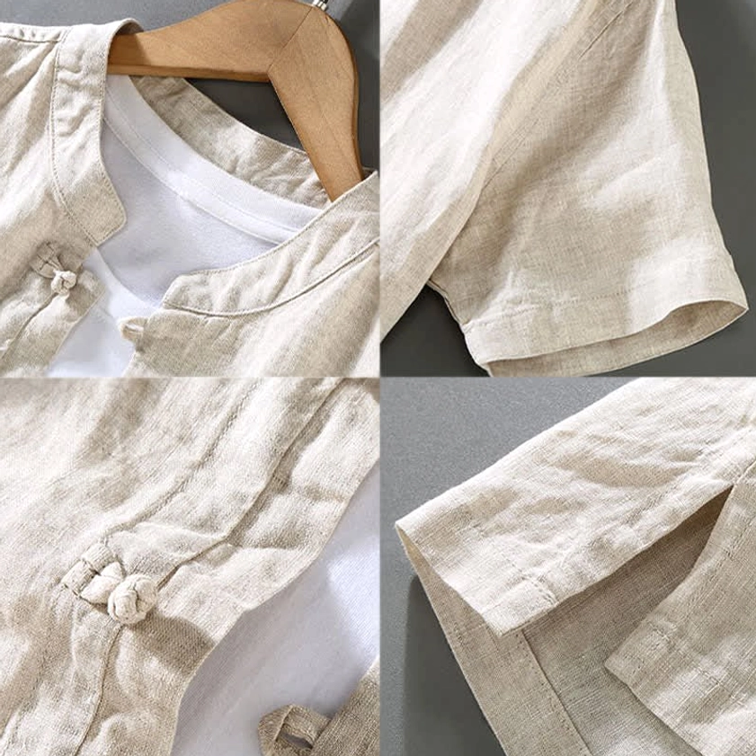 Multiple close-up details of Buddhist linen meditation set including collar, buttons, and sleeve construction